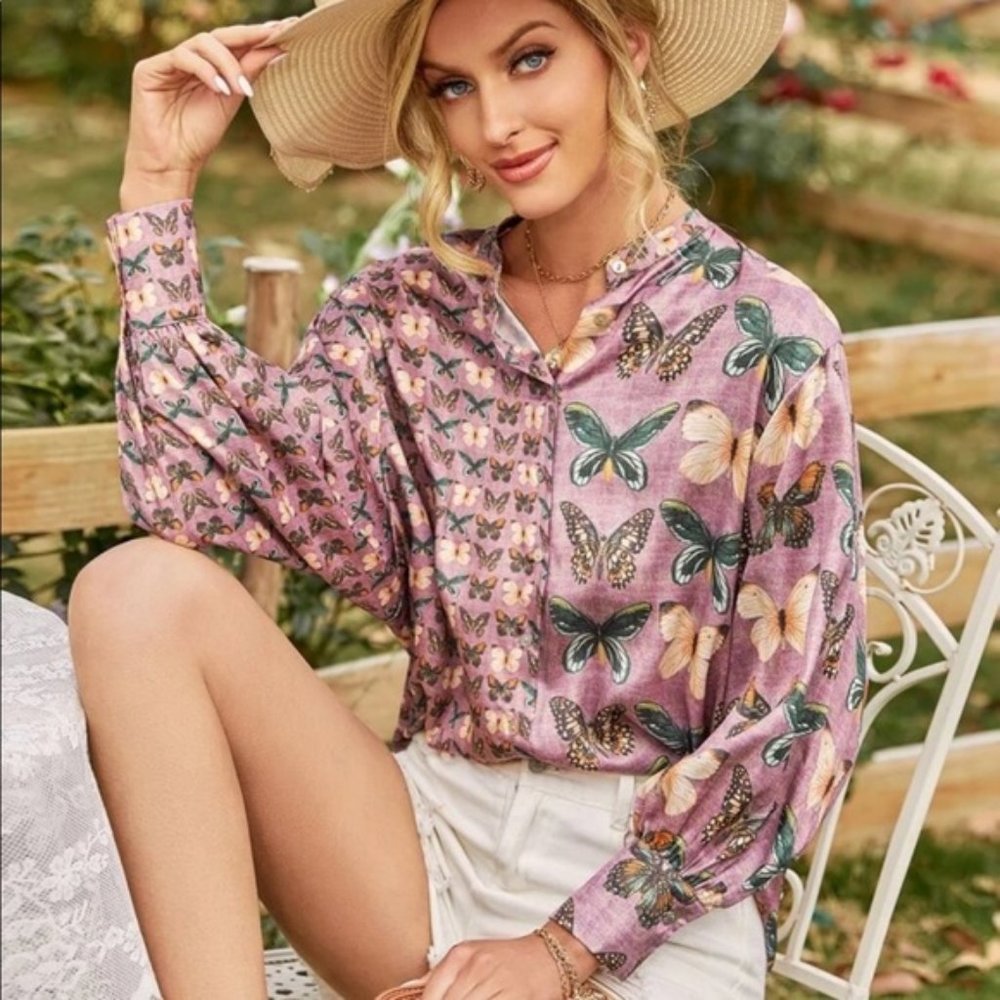 shimmery butterfly button down blouse